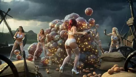 Women in white lace lingerie and heels on a stormy deck, surrounded by glowing red spheres and bubbles.