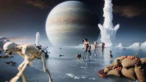 Skeletons sprinting on an icy surface with Jupiter in the background, women in lingerie cycle past.