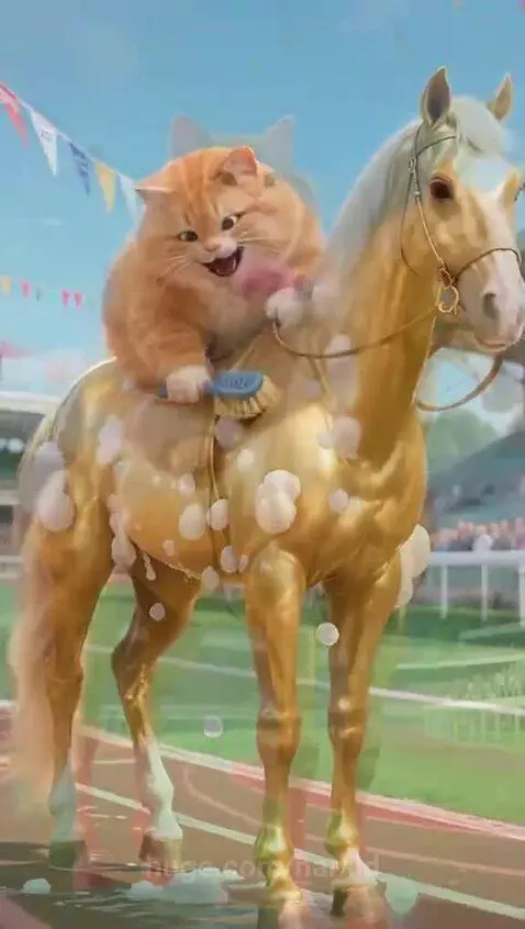Chubby orange cat in a jockey outfit riding a golden horse, crossing the finish line first.