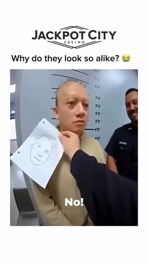 Man at police station with height chart, smiling officer, and a cartoon drawing of his face.