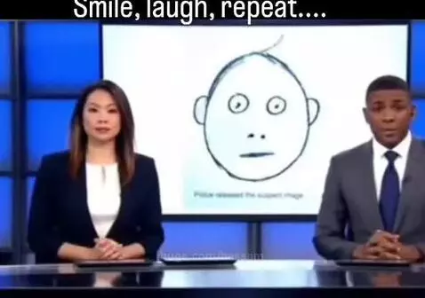 News anchors laughing at a split screen showing a police sketch and a suspect's mugshot.