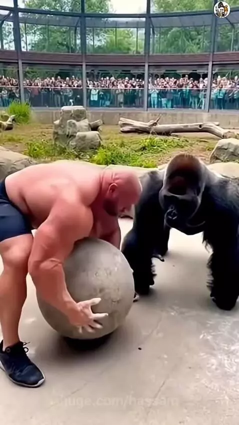 Shirtless man fails to lift heavy stone ball while a gorilla easily lifts it with one arm in a zoo enclosure.
