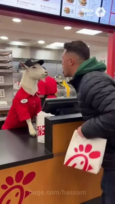 Man in black jacket arguing with a goat in a Chick-fil-A uniform behind the counter about pickles.