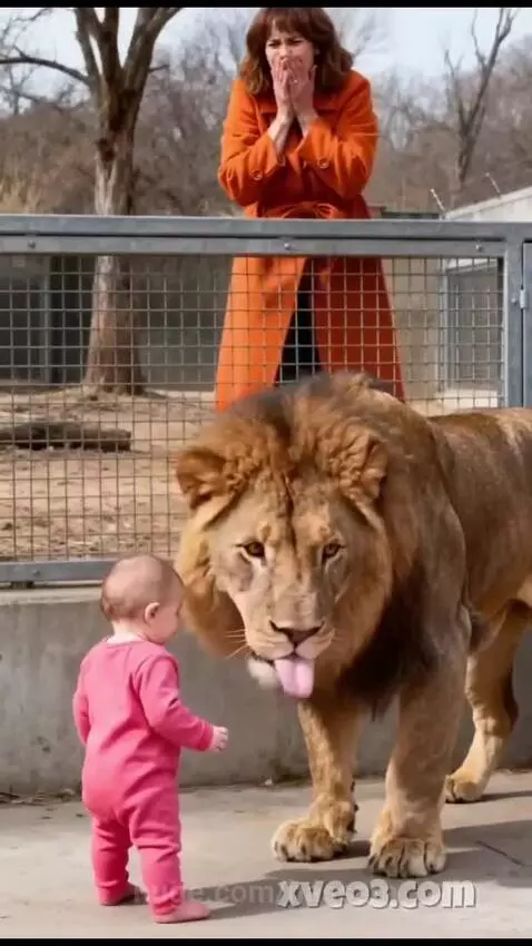 Baby in pink outfit sits near a large male lion inside an enclosure, showing a gentle interaction.