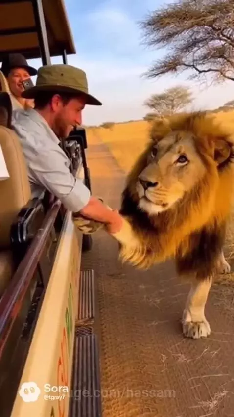 Man in safari hat shaking paw of a large male lion with a full mane in a savanna.