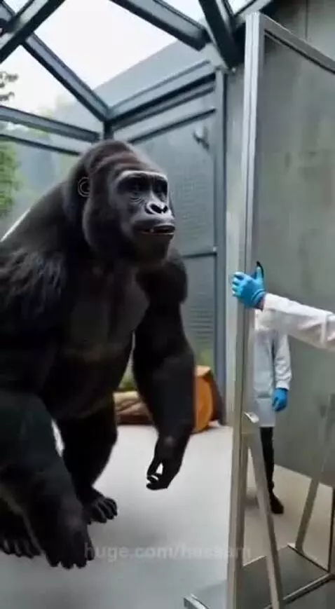 A gorilla touches its face in front of a mirror inside its enclosure, showing signs of self-recognition.