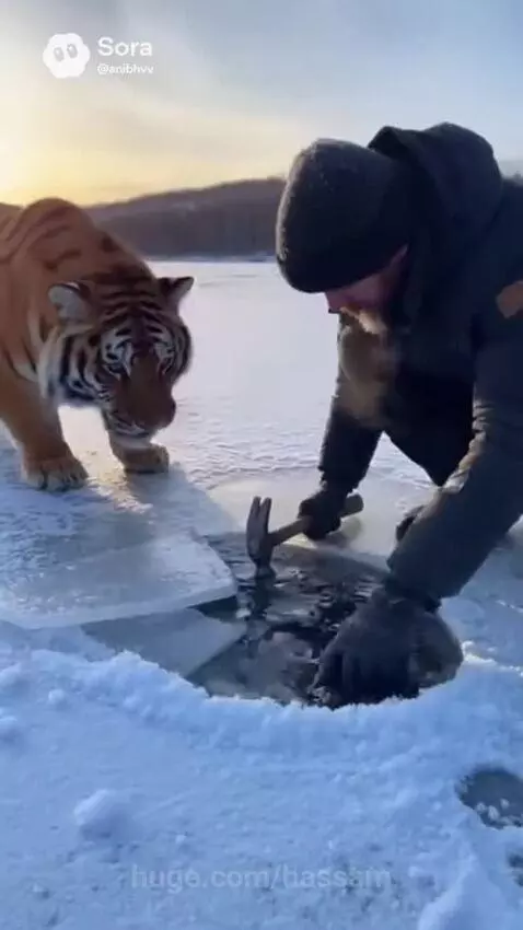 Man pulling a small tiger cub out of a hole in the ice on a snowy lake, with the mother tiger nearby.