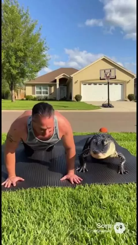 Man doing push-ups on a yoga mat next to an alligator named Bruce in a grassy yard.