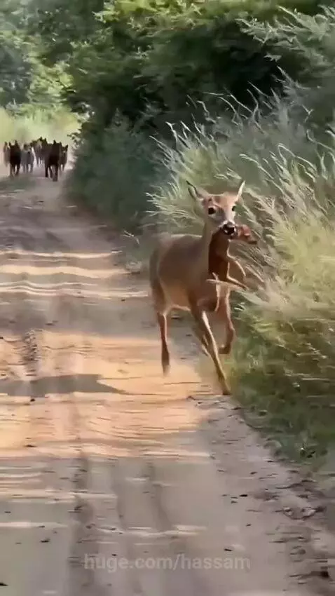 A mother deer carrying her fawn in her mouth, approaching a person to hand over the baby.