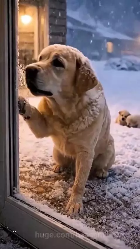Man bottle-feeding three small puppies wrapped in a blanket, with their mother dog watching affectionately.