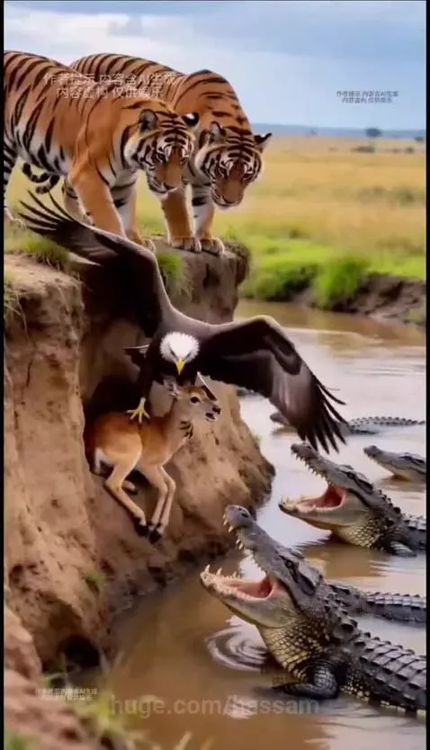 Bald eagle swooping down to rescue a deer from a cliff above a river with crocodiles and tigers below.