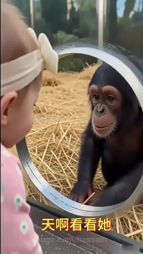 A baby gorilla gently holds a laughing human baby, showcasing a beautiful bond.