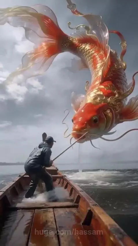 A large, ornate, red and gold fish leaps from water, dispensing gold ingots into a wooden boat with surprised fishermen.