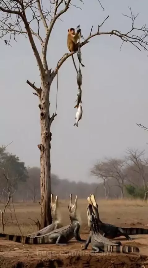 Monkey dangling fish on a string over a group of crocodiles waiting below.