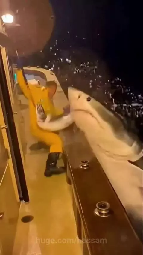 A large shark lunges out of dark water towards a boat at night, startling a person.