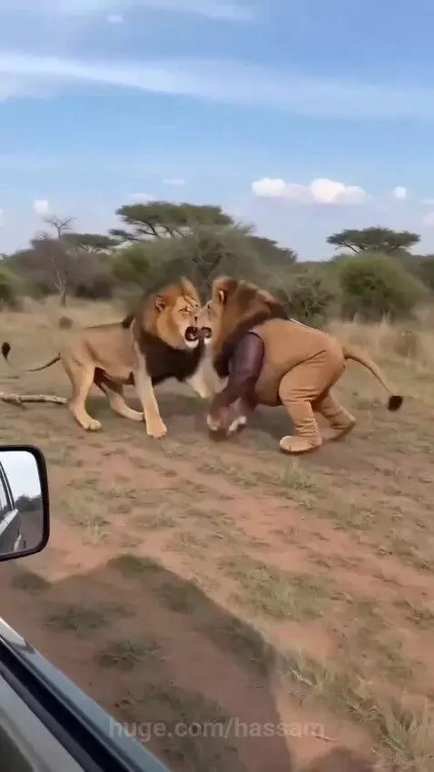 Man in a lion costume 'fighting' a real lion in a savanna, then revealing himself.