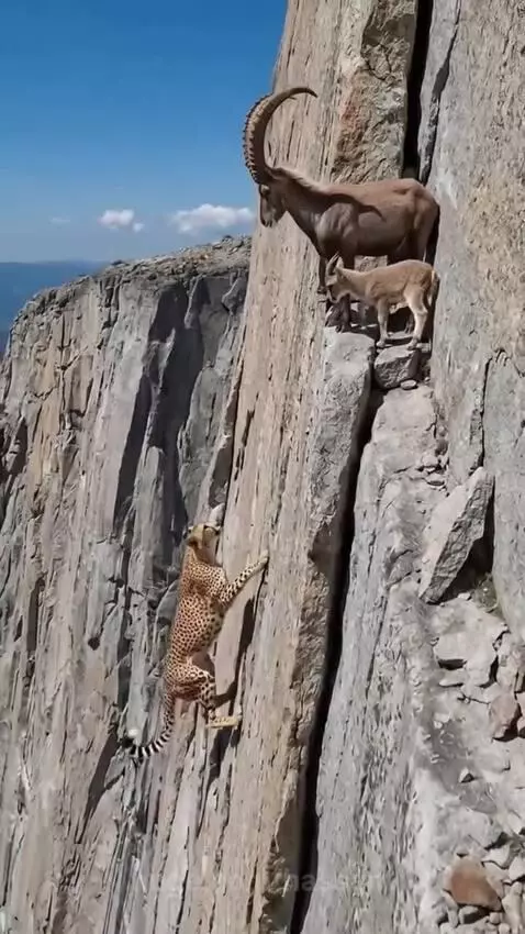 A cheetah falling down a steep, rocky cliff face after being headbutted by an ibex.
