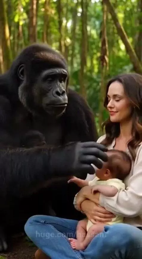 A silverback gorilla gently reaching out to touch a human baby's hand while a woman smiles.
