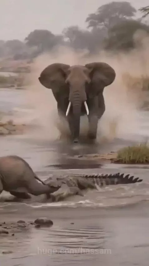 Mother elephant charging into a river to attack a crocodile threatening her baby elephant.