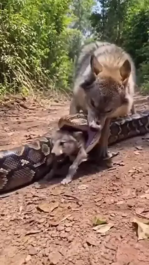 Adult wolf aggressively biting a python that is swallowing its pup, trying to rescue it.