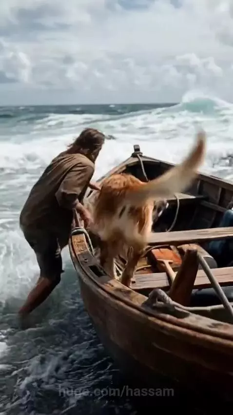 Golden retriever dog on a boat with puppies and gold bars, smiling.