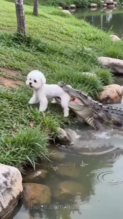 A white dog running away from a crocodile lunging out of a pond.