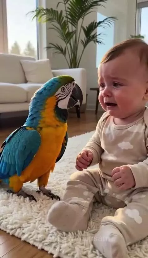 A baby crying on a rug, with a blue and gold macaw parrot gently touching its nose.