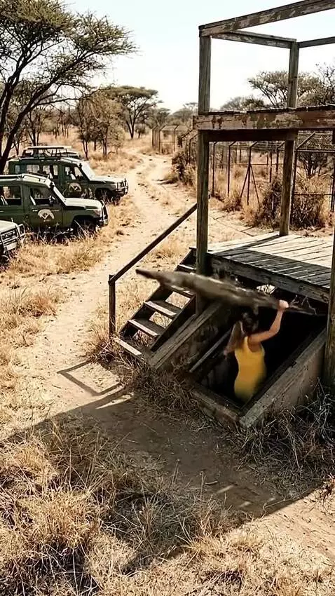 Pregnant woman in yellow activewear panics and runs into a bunker as a rhino charges past.