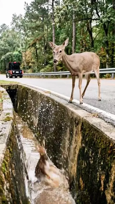 Mother deer stands on road, blocking car, while fawn is in a ditch nearby. A man approaches to help.