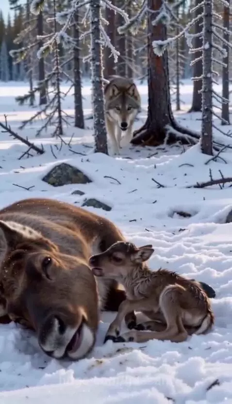 A wolf gently nuzzles a newborn fawn lying in the snow next to its deceased mother.