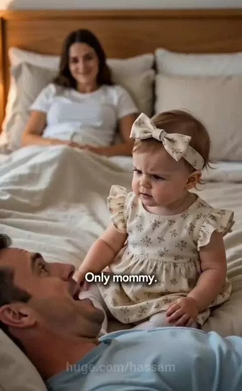 Baby girl sitting with dad on a bed, playfully asking him about kissing other girls.