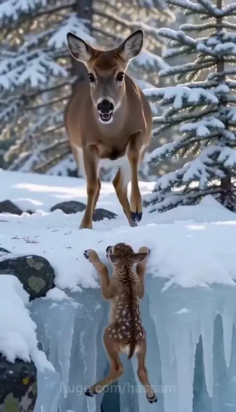 Snow leopard carefully carrying a baby deer by the scruff of its neck in a snowy forest.