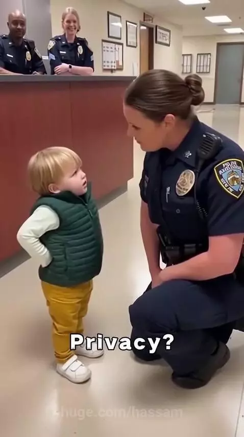 Young boy in green vest and yellow pants speaking to a kneeling female police officer about privacy.