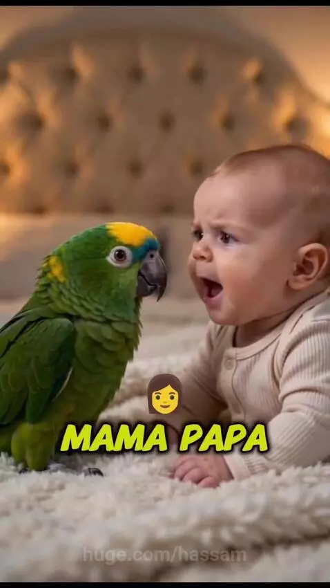 A green parrot with a yellow and blue head interacts with a baby, both appearing to say 'Mama' and 'Papa'.