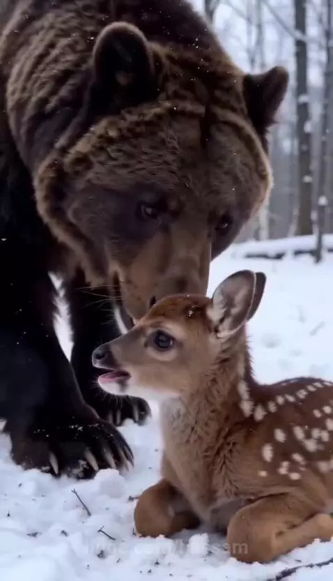 A brown bear gently licking and cuddling a small spotted fawn lying in the snow.
