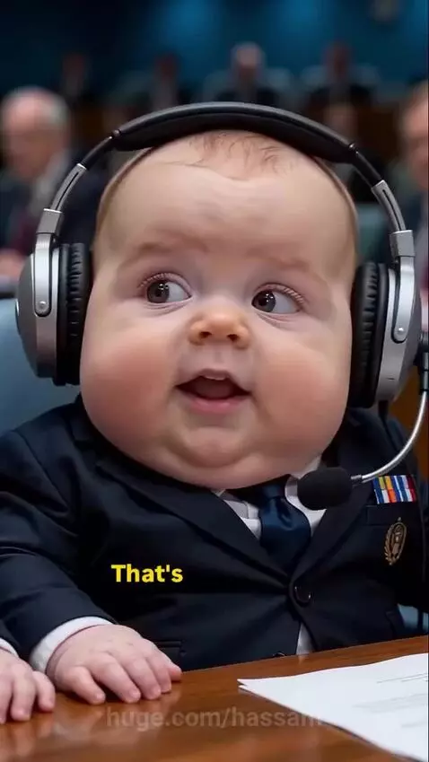 Two AI-generated babies in suits and ties sit at a conference table, one wearing headphones, discussing languages.