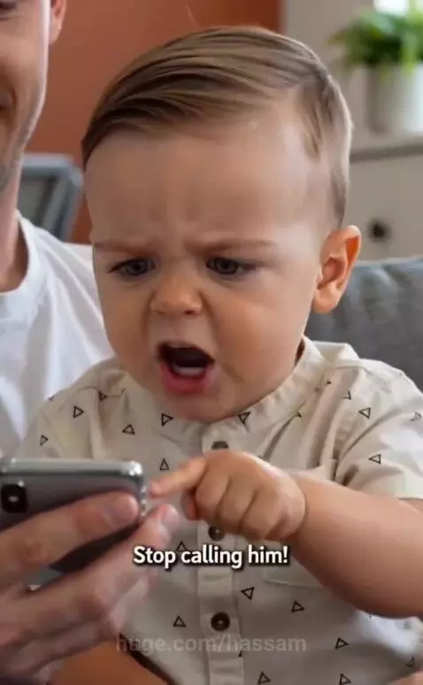 Baby boy looking angry at a smartphone, then surprised and apologetic when he hears a female voice.