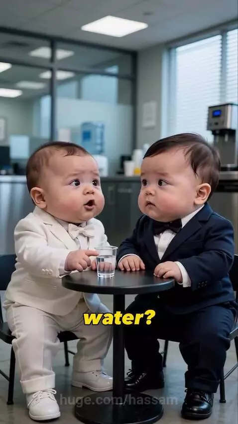 Two babies dressed in suits sitting at a small office table, one asking why adults don't drink water.
