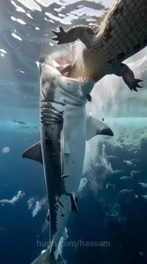 A large shark with its mouth open swims below a crocodile in clear blue ocean water with sunlight filtering down.