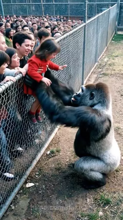 A large, gentle gorilla embraces a young girl in a red dress, who is smiling and laughing.