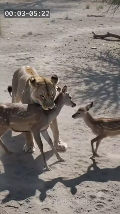 Lioness walks away from a deer and fawn after a brief encounter, leaving them unharmed.