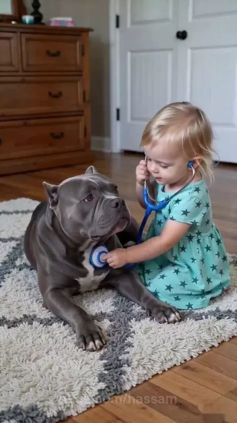 Young child in a blue dress uses a toy stethoscope on a calm American Bully dog named Jack.