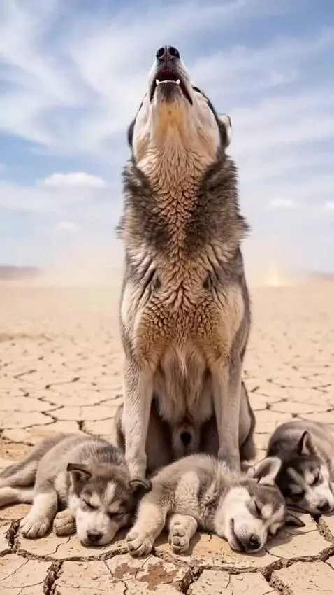 Husky puppies and adult husky drinking water from a leaf provided by two cats in a desert setting.