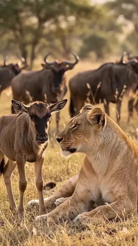 A wildebeest calf nuzzles a resting lioness on the savanna, with other wildebeest in the background.
