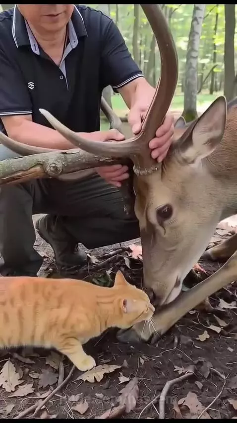 Man gently petting a deer with large antlers while an orange cat observes nearby in a forest setting.