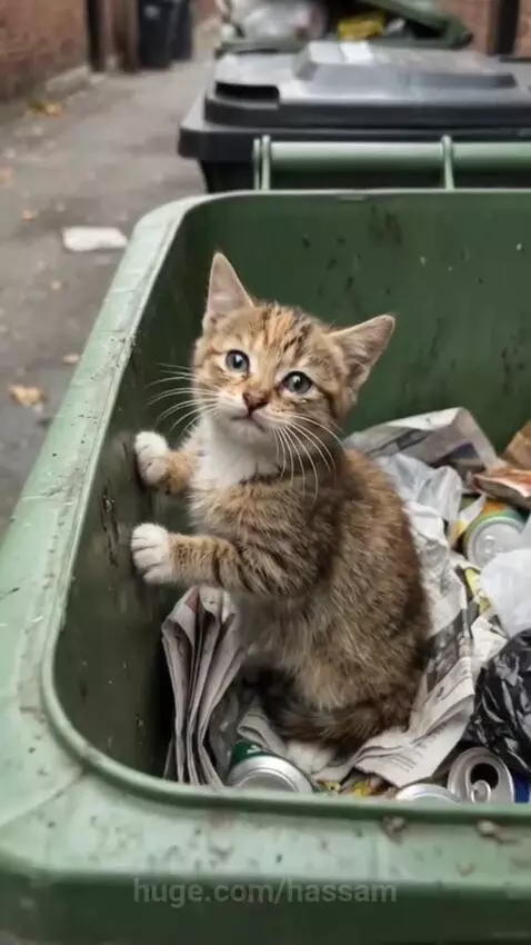 A small brown and white tabby kitten with wide blue eyes looks up from inside a green trash bin filled with paper and cans.
