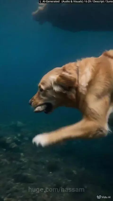 Golden retriever dog looking on as a man emerges from a submerged truck in a lake.