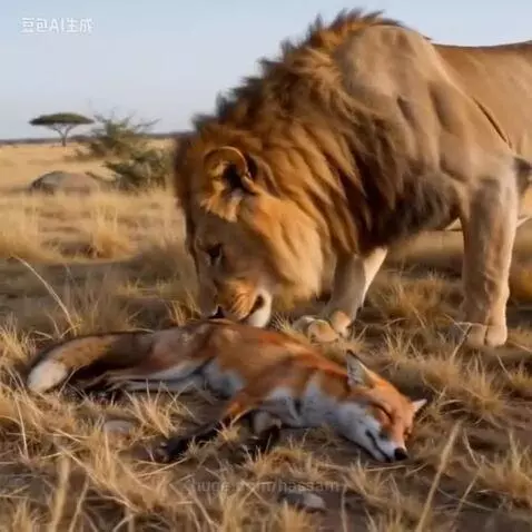 A fox lies motionless on the ground as a lion approaches and then walks away, unharmed.