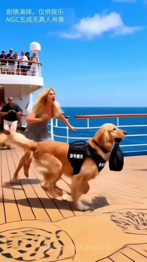 Golden retriever dog wearing a vest on a cliff, then with an eagle, a dolphin, and on a cruise ship.