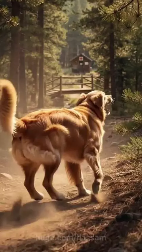 Golden retriever barking on a bridge, guiding rescue workers towards a car dangling over a canyon.